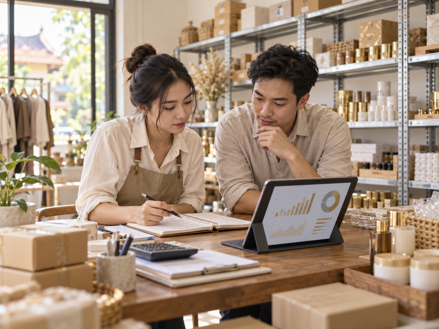 Minh họa nhóm kinh doanh rà soát dữ liệu kho và bán hàng